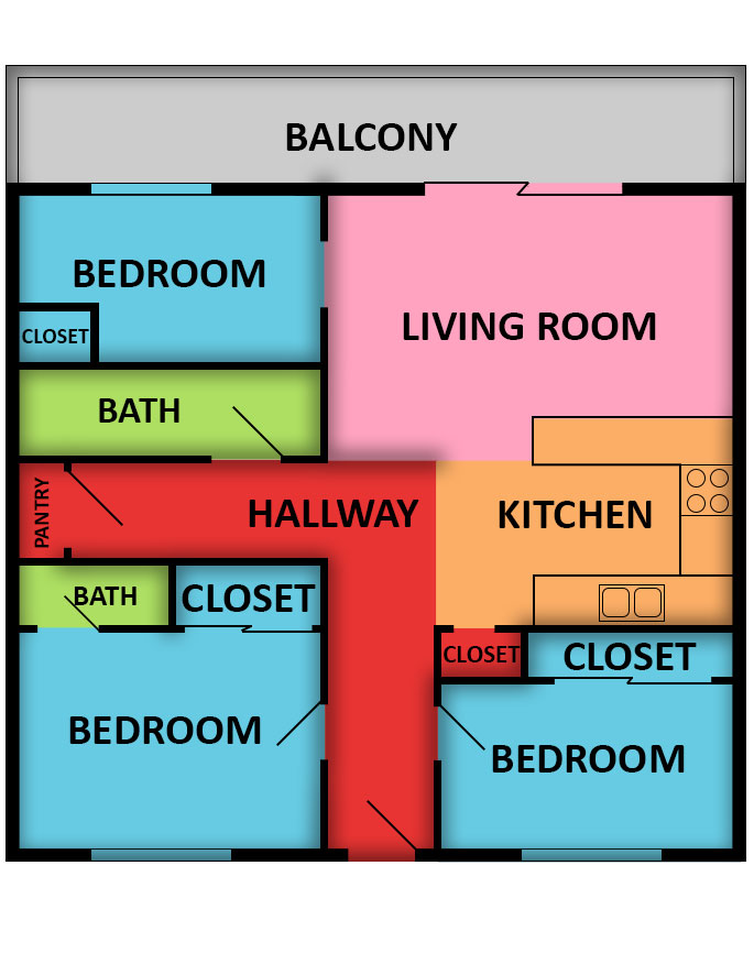 This image is the visual schematic floorplan representation of Plan B at Vista View Apartments.