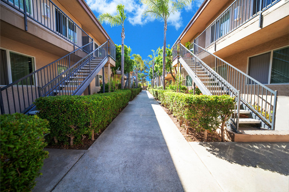 Sunlit pedestrian path lined with neatly trimmed hedges and apartment staircases.